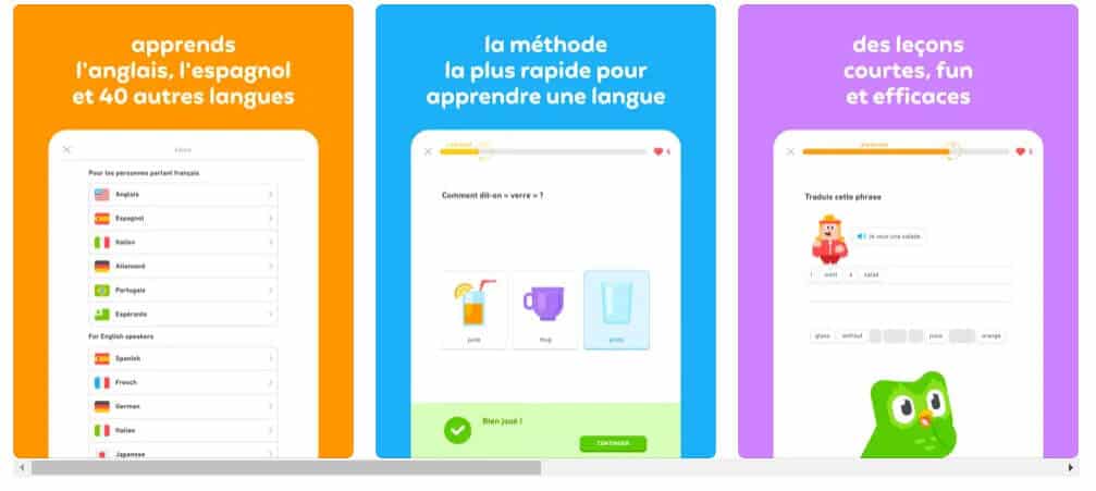 Captures d'écran de l'application Duolingo
