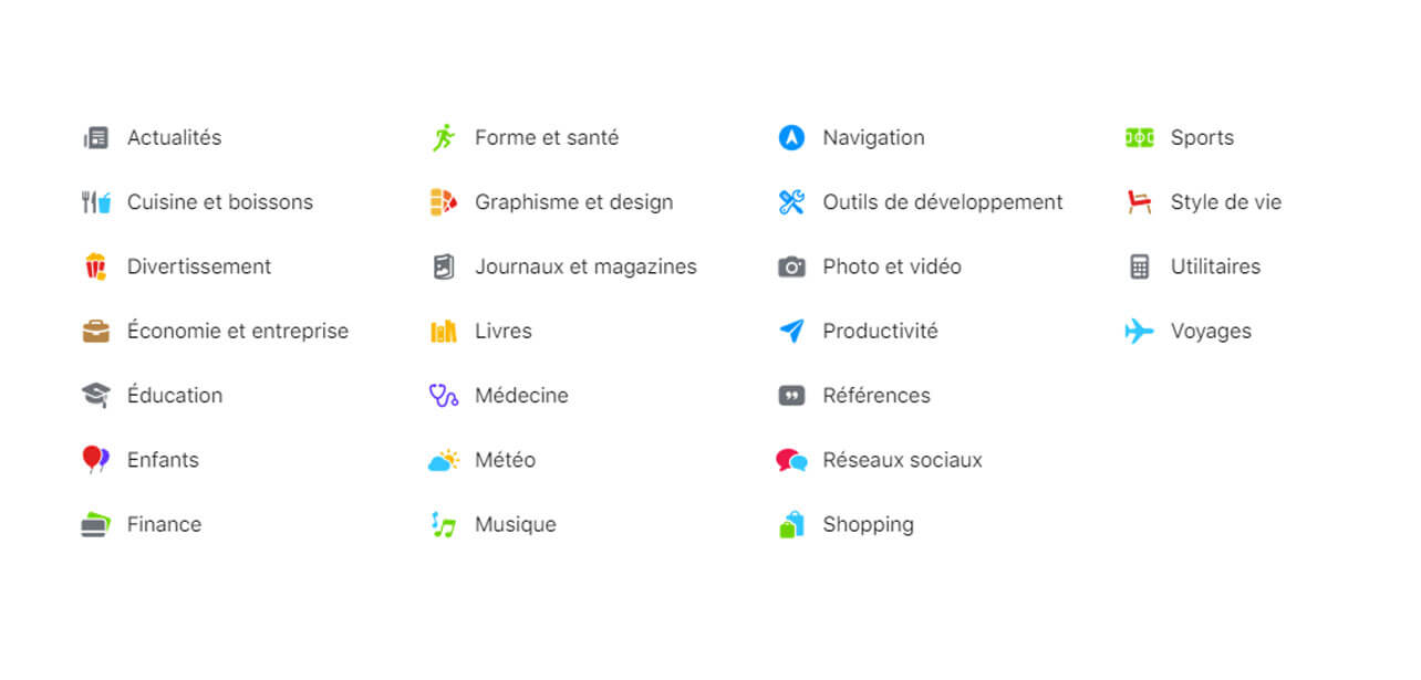Les catégories disponibles sur l'App Store en Français