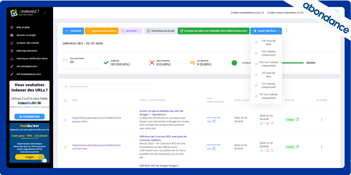 Exporter des liens IsIndexed