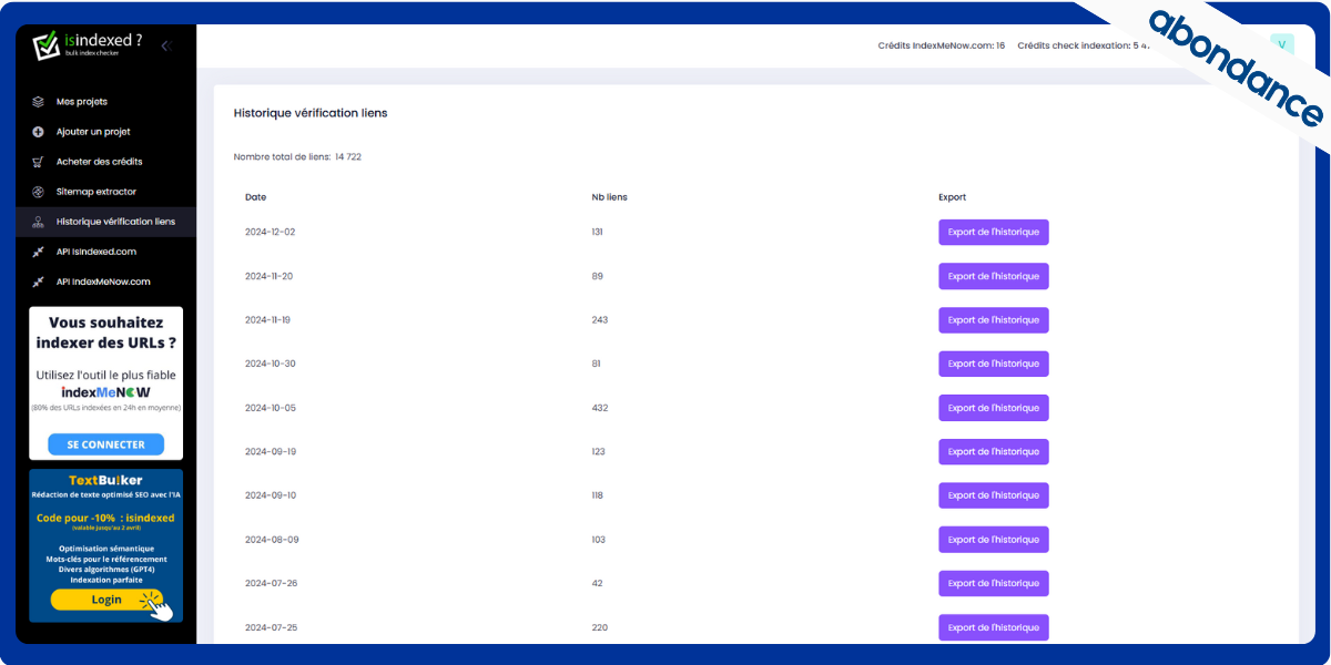 Historique verification de liens IsIndexed